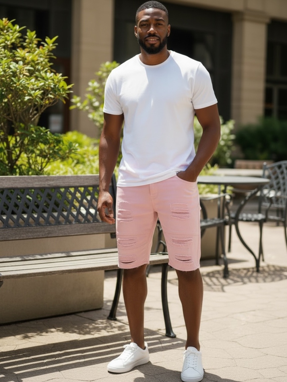 Men's Pink Distressed Denim Jean Shorts - Casual Summer Fit